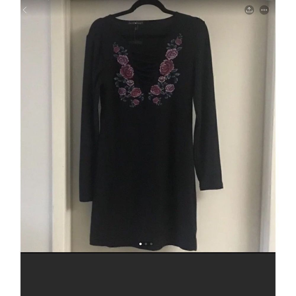 NWT~Derek Heart Black Knit Pink Rose Motif Mini Dress Sz Large